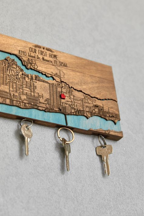 Introducing the "Our First Home Map" Magnetic Key Holder by Mur Wood Home. This exquisite wooden key organizer is more than just a functional piece; it's a personalized symbol of your journey and cherished memories. Premium wooden craftsmanship that adds elegance to your entryway. A functional and stylish way to keep your essentials in one place. A lasting reminder of the place you call home and the memories you've bu Home Map, Magnetic Key Holder, Key Holder For Wall, Glow Forge, Wooden Key Holder, Heart Map, Our First Home, Wooden Map, Map Wall Decor