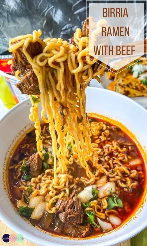 Birria Ramen with Beef is made with a rich and flavorful broth over ramen noodles. Dried peppers are the base, along with robust seasonings and spices. #recipe #birria #ramen #ramennoodlerecipes #beefrecipeseasy #noodlerecipes Burris Ramen Recipe, Chuck Roast Ramen, Slow Cooker Beef Ramen Noodles, Ramen With Beef, Ramen Meals, Beef Ramen Recipe, Birria Ramen, Ramen Rice, Beef Birria Recipe