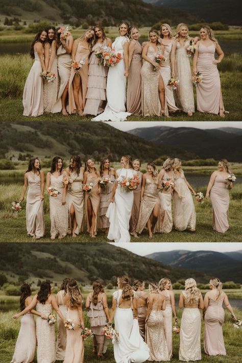 Champagne Wedding Themes, Bridesmaid Color Scheme, Bridal Party Color Schemes, Mismatched Bridesmaids Dresses, Pink Bridesmaids Dresses, Summer Weddings Bridesmaids, Different Bridesmaid Dresses, Pink And Champagne, Wedding Theme Color Schemes