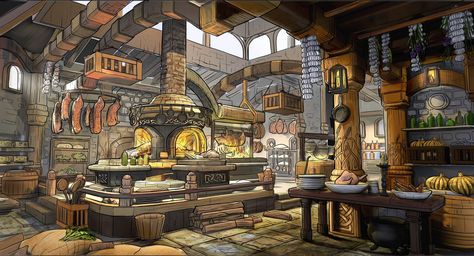 ArtStation - FALDOR KITCHEN, ashwin swaminathan Restaurant Kitchen Aesthetic, Castle Kitchens, Guild Hall, Historic Kitchen, Restaurant Kitchen Design, Fantasy Locations, Dungeon Room, Spanish Projects, Kitchen Maid