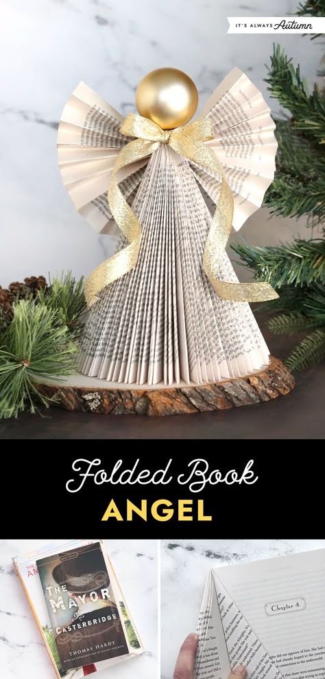 Folding Books Patterns Free, Folded Book Angels How To Make, Paper Crafts With Old Books, Snowman Made From Old Books, Homemade Angel Tree Topper, Recycled Book Ornaments, Folded Paper Angels, Book Themed Christmas Ornaments, Book Page Christmas Crafts