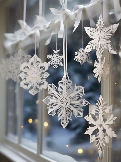 Paper Snowflakes From Ceiling, Christmas Snowflake Decor, Snowflake Cut Outs, Paper Snowflake Christmas Tree, Paper Snowflakes Aesthetic, Hanging Paper Snowflakes, Snowflake Hallway, Hanging Snowflakes From Ceiling, Doily Snowflakes