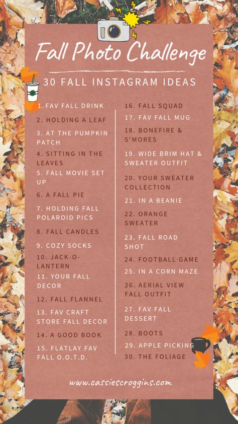 Fall Photo Challenge – 30 Fall Photography Ideas to Give Your Instagram Serious Fall Vibes! Fall Picture Challenge, Fall Photo Checklist, Autumn Todo List, October Instagram Challenge, October Picture Challenge, Fall Season Decorations, Fall Challenge Ideas, Autumn Photo Challenge, Autumn Pictures Ideas