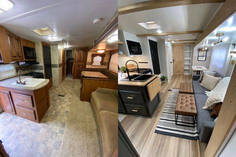 15 Before-and-After Photos of Stunning RV Remodels - RV.com Rv Bunkhouse Remodel, Rv Renovation Ideas, Modern Rv, Motorhome Remodel, Small Travel Trailers, Built In Dresser, Rv Renovation, Rv Makeover, Vintage Rv