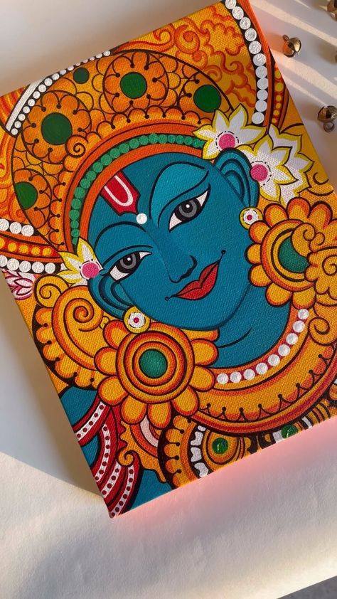 Simple Strokes by Shruti | Krishna in Kerala style inspired mural painting 🌼 Materials used: Acrylic on stretched canvas (10x8 inches) Paints… | Instagram Kerala Mural Krishna Paintings, Drawing To Do On Canvas, Canvas Unique Painting, Indian Art And Culture Painting, Mural Krishna Paintings, Madhubani Art Of Krishna, Krishna On Canvas Acrylics, Aesthetic Krishna Painting, Bal Krishna Painting Canvases