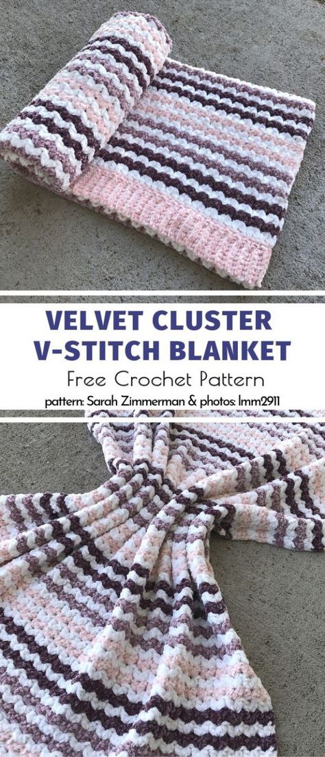 Velvet Cluster V-Stitch Blanket Free Crochet Pattern V Stitch Crochet, Free Baby Blanket Patterns, Crocheted Blankets, Crochet Baby Blanket Free Pattern, Stitch Blanket, Velvet Yarn, Crochet Blanket Designs, Crochet Throw Blanket, Manta Crochet