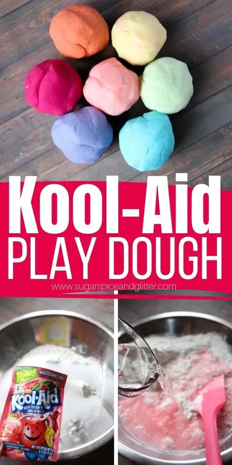 How to make No Cook Kool-Aid Play Dough, a soft, squishy play dough with a bright pop of color and yummy scent, without having to mess with food dye or flavor extracts. This Kool Aid Play Dough will last for a month and give so many fun opportunities for play No Cook Playdoh, Kool Aid Playdough, Kool Aid Play Dough, Kool Aid Play Dough Recipe, Edible Playdoh, Koolaid Playdough, Easy Play Dough, Cooked Playdough, Edible Playdough