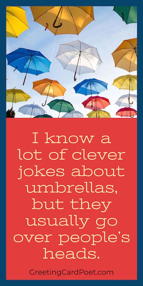 Check out these funny jokes about umbrellas. Also, check out our puns, captions, riddles, and fun facts. #umbrella #jokes #funfacts Tgif Pictures, Umbrella Quotes, Cute Umbrellas, Funny Umbrella, Corny Jokes, Jokes For Kids, Brain Teasers, Lesson Plan, Tgif