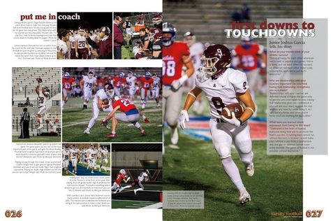 Sports Yearbook Pages, Football Yearbook Pages, Sports Yearbook Spreads, Cheer Yearbook Spread, Soccer Yearbook Spread, Football Yearbook Spread, Yearbook Design Layout Creative, Sports Yearbook, Football Layout