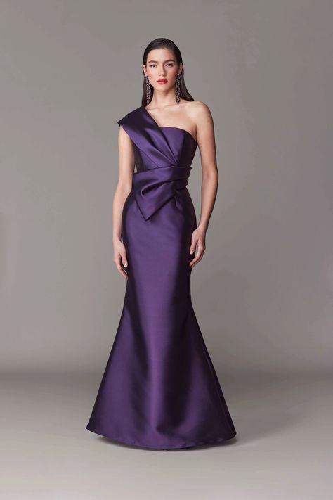 Frascara | Carrie Karibo Bridal - 4712 | Carrie Karibo Bridal Petite Evening Gowns, Bridesmaid Satin Dresses, Mob Dress, Bridesmaid Satin, Off Shoulder Evening Dress, Drape Gowns, Purple Style, Fantasy Dresses, Fit And Flare Skirt