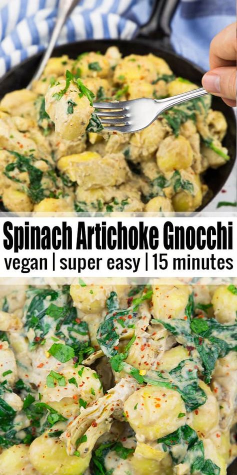 Artichoke Gnocchi, Spinach Artichoke Recipes, Gnocchi Dishes, Vegan Pasta Dish, Vegan Spinach, Artichoke Recipes, Vegan Pasta Recipes, Gnocchi Recipes, Vegan Main Dishes