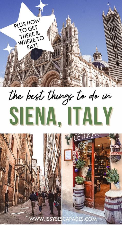 Siena italy things to do pin cover, with image of the duomo of siena against a bright blue sky, people walking between tall orange hued medieval buildings on a street and a traditional osteria shop front with barrels, plants and wine outside. Sienna Italy, Travel Beautiful Places, Italy Coast, Italy Restaurant, Italy Travel Outfit, Italy Trip Planning, Florence Italy Travel, Day Trips From Rome, Tuscany Travel