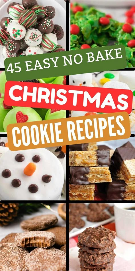 Spread the holiday cheer by making these no-bake Christmas cookies for your loved ones. Here are the 45 best and delicious no-bake Christmas cookie recipes. Serve these cookies at your Christmas table and celebrate a fantastic holiday season. #christmasonadime #nobakechristmascookiesrecipes #nobakecookies Christmas Cookies Not Chocolate, Easy Bake Christmas Cookies, Non Bake Christmas Cookies, No Bake Christmas Cookie Cheesecake, No Bake Christmas Cookies Recipes, Christmas Baking Day Ideas, Christmas No Bake Recipes, Non Bake Christmas Treats, No Bake Xmas Cookies