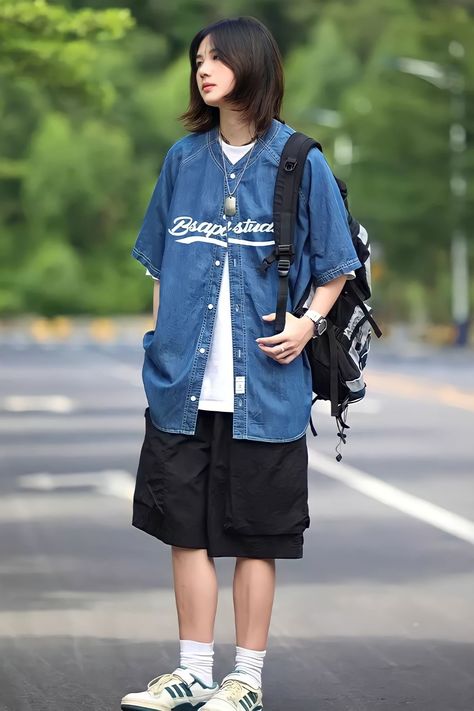 Summer Outfits Tomboy Casual, Tomboyish Outfits Casual, Summer Outfits For Tomboys, Blue Tomboy Outfits, Tomboy Inspired Outfits, Japanese Tomboy Fashion, Asian Tomboy Fashion, Casual Tomboy Style, Tomboy Jacket