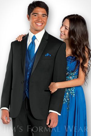 Tony Bowls Genesis slimfit tuxedo shown with royal blue accessories, from Jim's Formalwear. Available at www.thebridesshoppe.net Prom Men Outfit, Royal Blue Accessories, Royal Blue Bow Tie, Prom Things, Cobalt Blue Weddings, Groom Suit Black, Prom Tux, Prom Men, Prom Tuxedo