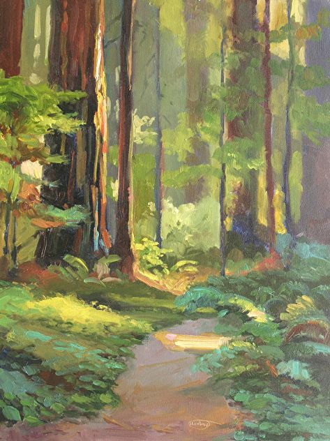 Redwood Tree Art, Redwood Tree Painting, Redwood Painting, Canvas For Beginners, Canvas Painting Ideas, Landscape Art Painting, Seni Cat Air, Forest Painting, Painting Inspo