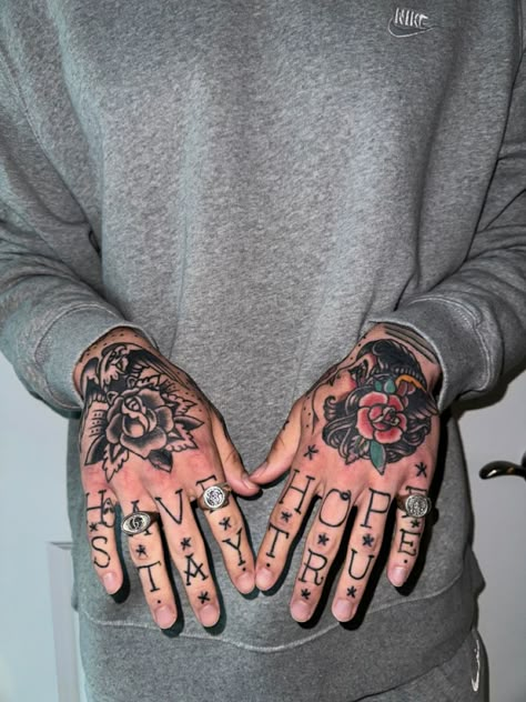 Men’s Full Finger Tattoos, American Trad Hand Tattoo, Men Hand Tattoos Ideas, American Traditional Hand Tattoos, Men Hand Tattoo, Men Hand Tattoos, Hand Tattoos Ideas, Hand Tatts, Eagle Chest Tattoo