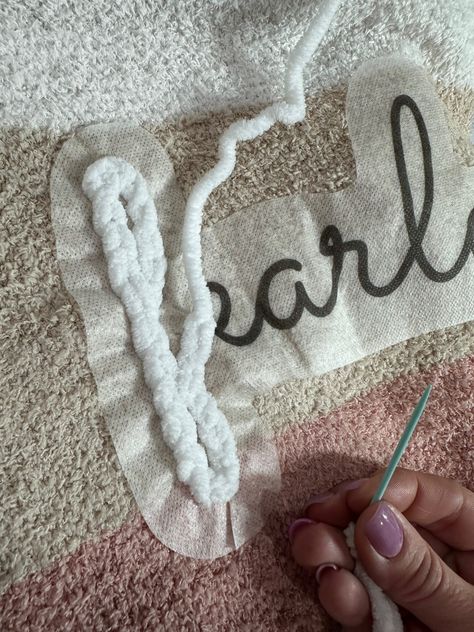 Yarn Embroidery on Chunky Sweater - Sulky Chenille Sweatshirt Diy, Diy Yarn Embroidery Sweatshirt, Thick Yarn Embroidery, Hand Stitch Sweatshirt, How To Yarn Embroidery On Sweater, Sweatshirt Crafts Ideas, Diy Chenille Yarn Letter Sweatshirt, Chenille Yarn Sweatshirt Diy, Yarn Embroidery On Sweatshirt