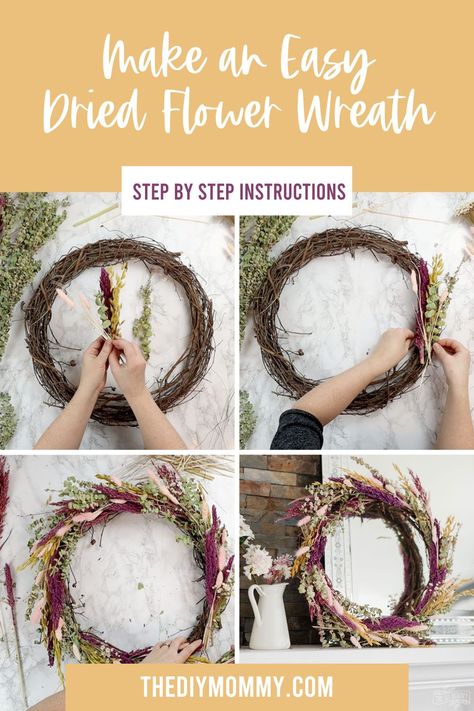 How To Make A Dry Flower Wreath, Dry Wreath Diy, Faux Flower Wreath Diy, Dried Floral Wreaths Diy, Grapevine Wreath With Dried Flowers, Dried Flower Grapevine Wreath, Dried Zinnia Wreath, Dried Floral Wreaths How To Make, Dried Flower Wreaths How To Make