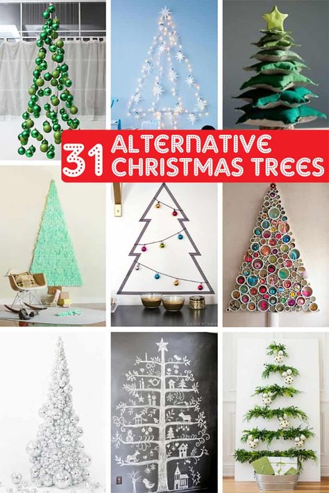 A roundup of alternative Christmas tree ideas if you don't want to buy the real thing. Great Christmas home decor for small spaces. Natal, Free Crochet Christmas Ornaments, Alternative Christmas Tree Diy, Alternative Christmas Tree Ideas, Cat Proof Christmas Tree, Christmas Alternative, Wine Bottle Christmas Tree, Alternative Christmas Trees, Christmas Tree Alternative