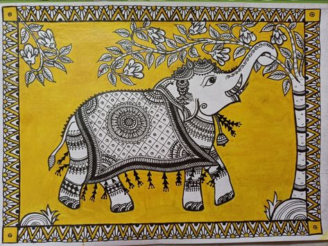 Indian Kalamkari Patterns, Madhubani Art Elephant Design, Kalamkari Elephant Painting, Elephant Kalamkari Design, Kalamkari Elephant Designs, Kalamkari Drawing Design, Easy Kalamkari Art, Elephant Madhubani Art, Pattachitra Elephant