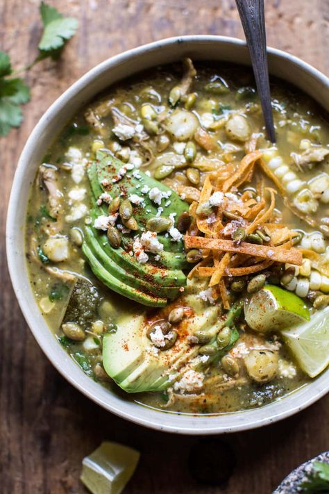 Crockpot Salsa Verde Chicken Pozole | halfbakedharvest.com @hbharvest Crockpot Salsa Verde Chicken, Crockpot Salsa Verde, Salsa Verde Chicken Crockpot, Crockpot Salsa, Chicken Pozole, Pozole Recipe, Half Baked Harvest Recipes, Verde Chicken, Salsa Verde Chicken