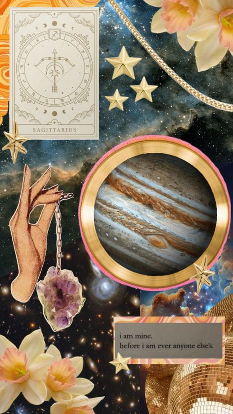 jupiter, gold necklaces, cards , a quote saying i am mine before i am anyone else’s. their flower, crystals and other Sagittarius Wallpaper, Fire Signs, Astrological Sign, Pretty Wallpaper Iphone, Screen Savers, Astrology Signs, Pretty Wallpapers, Iphone Wallpaper