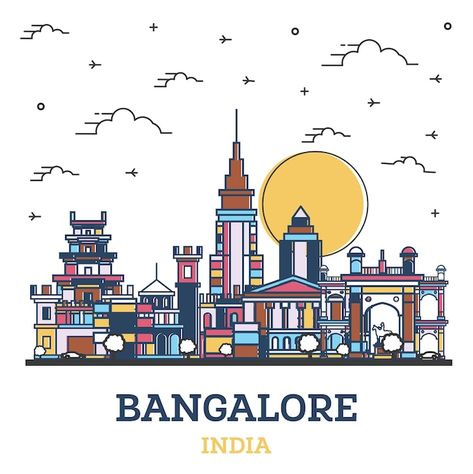 Vector outline bangalore india city skyl... | Premium Vector #Freepik #vector #bangalore #city-panorama #city-line #building-line Bangalore City Illustration Art, Bangalore Highlight Cover Instagram, Bangalore Illustration, Bangalore Skyline, Bangalore Wallpaper, Murugan Images, City Outline, Cooking Poster, English Landscape Garden