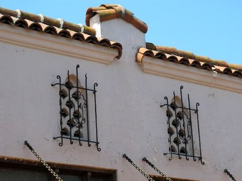 Spanish Colonial Windows, Spanish Home Exteriors, Spanish Revival Kitchen, Spanish Wrought Iron, Spanish Cottage, Spanish Homes, Spanish Exterior, Painted Wainscoting, Mediterranean Mansion