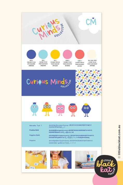 Branding board for a children's tutoring business Daycare Branding Ideas, Modern Playful Branding, Color Branding Mood Board, Kindergarten Branding, Preschool Branding, Daycare Branding, Childcare Branding, Toy Shop Logo, Nursery Branding