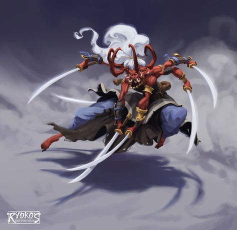 ArtStation - Character Designs 6 - Ryoko's Guide to the Yokai Realms, Aleksa Drageljevic Wanyudo Yokai, Yokai Concept Art, Tengu Character Design, Gods Character Design, Yokai Character Design, Demon Character Art, Four Arms Character Design, Yokai Oc, Oni Character Design