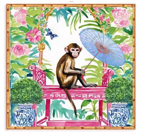 Chinoiserie Garden, Chinoiserie Prints, Chinoiserie Panels, Chinoiserie Art, Art Chinois, Whimsical Watercolor, Monkey Print, Monkey Art, Preppy Chic