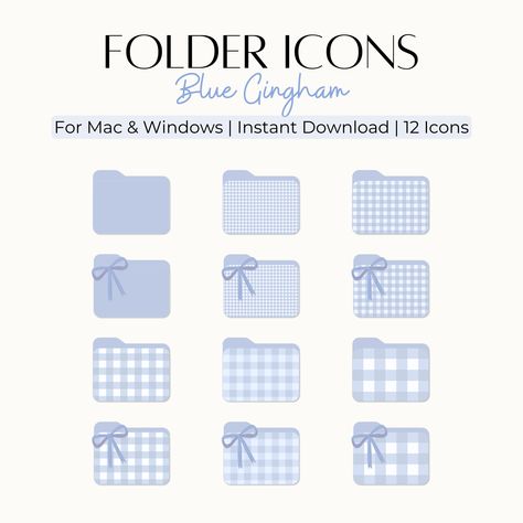 💙 12 Blue Gingham Folder Icons for Mac & Windows PC Elevate your digital workspace with our adorable Blue Gingham Folder Icons bundle! Perfect for organizing files and folders on both Mac and Windows PCs. This set includes 12 meticulously crafted icons, featuring a delightful blue gingham pattern. Six of these icons are adorned with a cute bow, adding an extra touch of sweetness to your desktop experience. Plus, enjoy the bonus of 6 organizer wallpapers to further personalize your desktop exper Blue Imac Aesthetic, File Icon Aesthetic, Light Blue Desktop Wallpaper, Blue Folder Icon, Wallpaper For Macbook Air Aesthetic, Desktop Icons Png, Cute Desktop Icons, Cute Blue Icons, Cute Google Slides