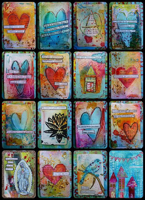 Recycled card set ~ free tutorial by artist Nicole Maki; mixed media gesso & collage . . . . ღTrish W ~ http://www.pinterest.com/trishw/ . . . . #art #journal Cards Tutorial, Journal D'art, Art Trading Cards, Art Carte, Atc Cards, Card Tutorial, Mixed Media Projects, Mixed Media Art Journaling, Mix Media