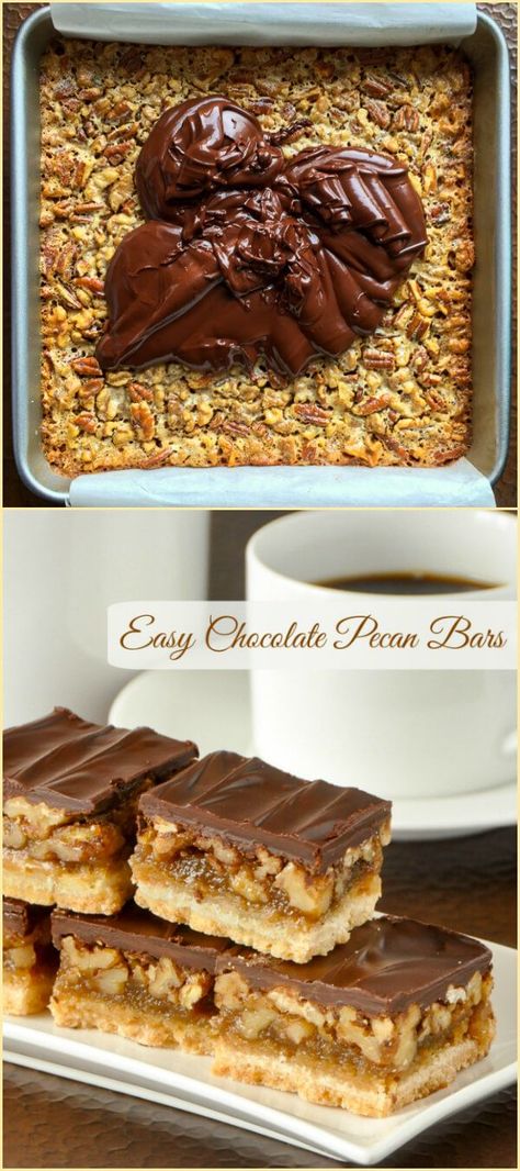 Chocolate Pecan Bars - a variation on our very popular pecan pie bars, with a little less filling but even more nuts, all topped off with a decadent chocolate top layer. Pecan Bar, Chocolate Pecan Bars, Dessert Squares, Pecan Bars, Pecan Pie Bars, Dessert Bar Recipe, Pie Bars, Pecan Recipes, Crunchy Pecans