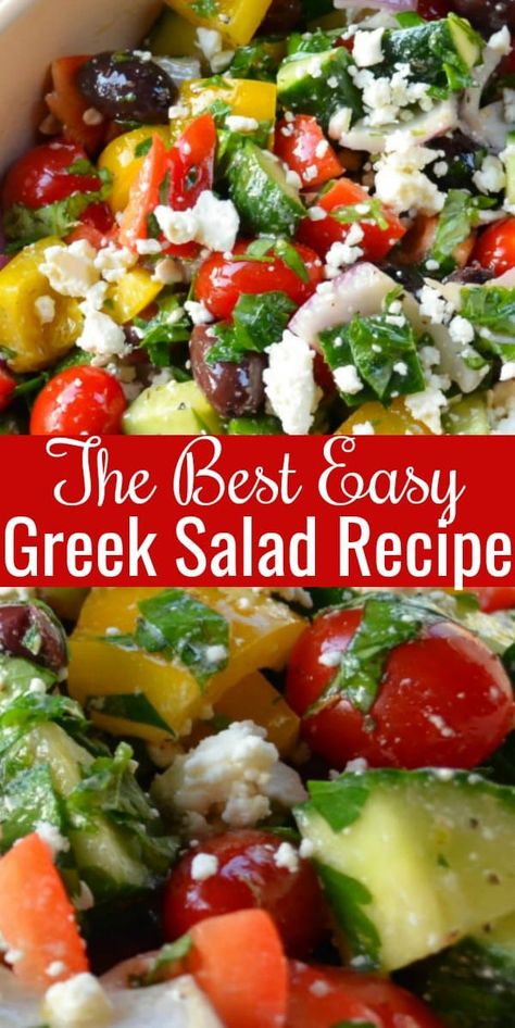 Easy Greek Salad, Mediterranean Recipes Healthy, Greek Salad Recipe, Mediterranean Diet Recipes Dinners, Greek Dinners, Easy Mediterranean Diet Recipes, Fresh Salad Recipes, Greek Salad Recipes, Queso Feta