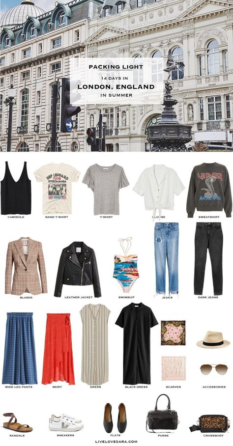 Summer is almost here, and that means the countdown to summer vacation is on. If you are travelling to London, England this summer, or just to England in general than you might be wondering....What to pack for London? This list might help you on your way with what to pack for London for two weeks in summer. London Packing List | Pack in carry on #livelovesara London Dressing Style Women, Packing For England Summer, London Packing List Summer, London In June Outfits, What To Wear In London In Summer, Outfits For London Summer, Summer In London Outfit, London Style Summer, London Summer Style