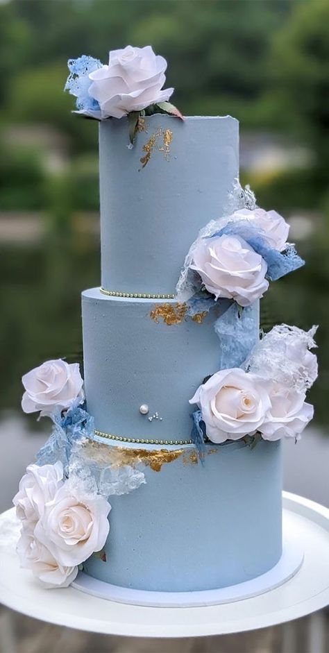 dusty blue wedding cake, three tier wedding cake, wedding cake, wedding cakes, wedding cake images, beautiful wedding cakes, non traditional wedding cake, wedding cake trends Bridal Cakes Ideas Wedding Trends, Dusty Rose And Dusty Blue Wedding Cake, Dusty Blue Cake, Wedding Cake Designs Blue, Dusty Blue Wedding Cake, Wedding Cake Nature, Wedding Cake Dusty Blue, Fancy Treats, Wedding Cake Designs Simple