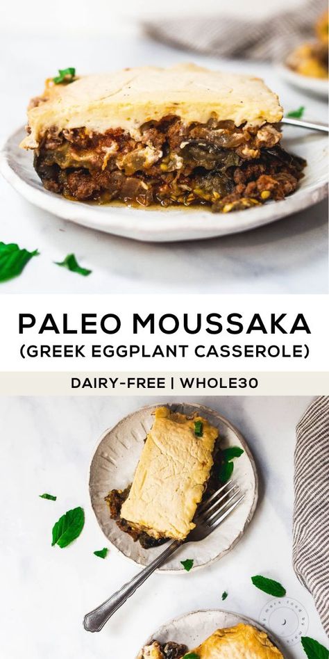 Layers of delish eggplant, meat, and a dairy-free bechamel make a dreamy Greek Moussaka (casserole) dish that is perfect for meal prep! #greekfood #greekrecipes #whole30recipes #casserole #dairyfree #paleo #paleorecipes #glutenfree #grainfree Vegan Bechamel, Greek Moussaka, Moussaka Recipe, Almond Joy, Recipe 30, Paleo Whole 30, Paleo Dinner, Whole 30 Recipes, Casserole Dish