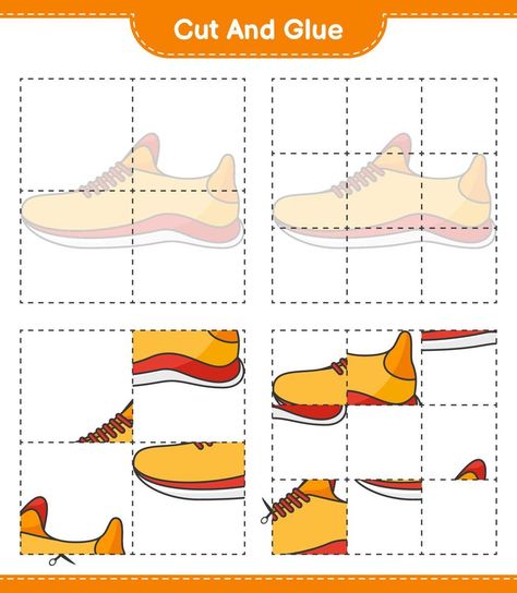 Cut and glue, cut parts of Running Shoes and glue them. Educational children game, printable worksheet, vector illustration Shoes Worksheet, Cut And Glue, Vector Technology, Game Printable, Educational Worksheets, Illustration Vector, Printable Worksheets, Games For Kids, Glue