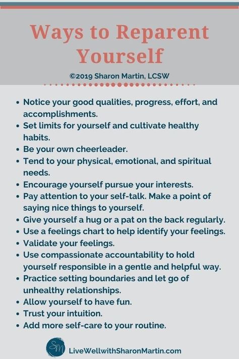 How to Reparent Yourself - Live Well with Sharon Martin How To Grow Emotionally, How To Stop Romanticizing People, How To Mother Yourself, How To Parent Yourself, How To Reparent Yourself, Learning Yourself, Reparent Yourself, Boundaries With Yourself, Reparenting Yourself