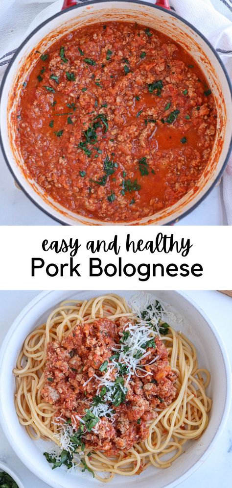 pork bolognese sauce in a pot and over spaghetti in a bowl. Pork Pasta Sauce, Italian Ground Pork Recipes, Ground Pork Spaghetti Sauce, Ground Pork Recipes For Dinner Pasta, Ground Pork Recipes Easy Healthy, Pasta With Ground Pork, Easy Ground Pork Recipes For Dinner, Ground Pork Recipes For Dinner Healthy, Ground Pork Meals