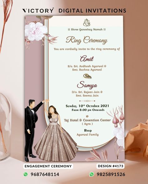 Order Now: Call / WhatsApp: +91 9687648114 / +91 9825891526 Engagement ceremony invitation card in english language with couple doodle, frame as minimalistic theme design 4173 The minimalistic Theme of the Engagement ceremony digital invitation card in light green background color. This e-invite is available in the English language. It includes elements such as a Ganesha logo, a couple ring, a couple doodle, flowers, frame. #ecard #invitationcards #einvite #einvitation #victoryinvitation ... Engegment Invitation Poster, Ring Ceremony Card Design, Engagement E Invitation, Engagement Ceremony Invitation Card, Ganesha Logo, Engagement Card Design, Couple Doodle, Ceremony Invitation Card, Couples Doodles