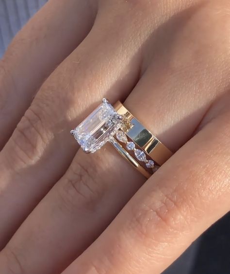 Radiant Engagement Ring With Band Stack, Wedding Ring Stack Radiant Cut, Radiant Engagement Ring With Thick Band, Wedding Stack Emerald Cut, Wedding Band Stack Ideas Emerald Cut, Emerald Solitaire With Wedding Band, Emerald Wedding Stack, Emerald Wedding Ring Stack, Radiant Cut Engagement Ring Stack