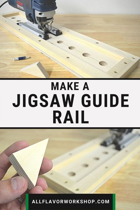 A simple DIY jigsaw guide rail that you can easily build for your workshop no matter your skill level. Learn how to build this easy portable jigsaw guide track that is perfect for a small shop! If you are building a workshop on a budget you should consider making this jigsaw guide jig. You'll save money and it will definitely help you with your projects and builds. An easy and simple woodworking project that will nicely enhance your workshop. #woodproject #workshopideas #homemadetools #diyideas How To Make A Jig, Jigsaw Jig Diy, Jigsaw Projects Woodworking, Woodworking Jigs How To Make, Jigsaw Projects Diy, Power Tool Storage Diy, Jigsaw Jig, Diy Jigsaw Projects, Woodworking Jigs Homemade