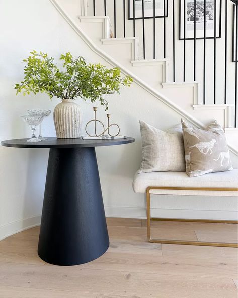 The perfect small round entryway table or dining table! Back in stock and on sale! Rounded Stairs Entryway, Entryway Ideas Round Table, Diy Round Entry Table, Small Round Entry Table, Round Entry Way Table, Round Table Entryway, Round Entryway Table, Entryway Round Table, Aesthetic Entryway