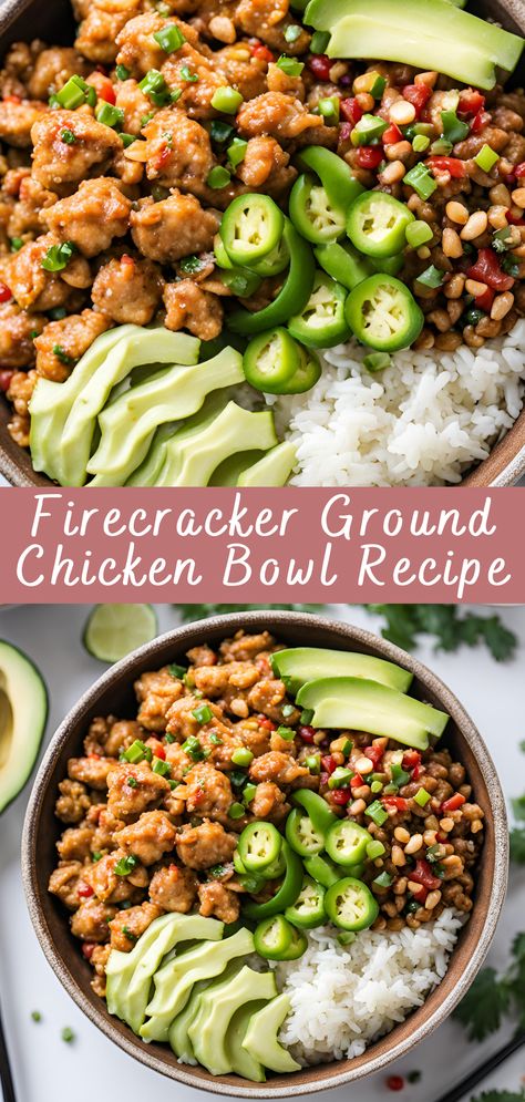 Firecracker Ground Chicken Bowl Recipe | Cheff Recipes Ground Chicken Chipotle Bowl, Ground Meat Bowl Recipes, Whole30 Ground Chicken Recipes, Firecracker Chicken Bowl, High Protein Meals Ground Chicken, Firecracker Ground Chicken Bowls, Ground Chicken Cauliflower Recipes, Ground Chicken Meal Prep Healthy, Ground Chicken With Rice Recipes