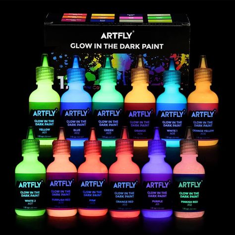 ARTFLY Glow in The Dark Paint, Glow Paint Set of 12 Bright Colors 30ml/1oz, Acrylic Glow in The Dark Paint Perfect for Art Painting, DIY projects, Halloween and Christmas Decorations, Rich Pigments : Amazon.co.uk: Home & Kitchen Glow In Dark Paint, Art Painting Diy, Glow In The Dark Paint, Blue Slime, Glow Paint, Dark Paint, Diy Halloween Projects, Paint Types, Acrylic Paint Set