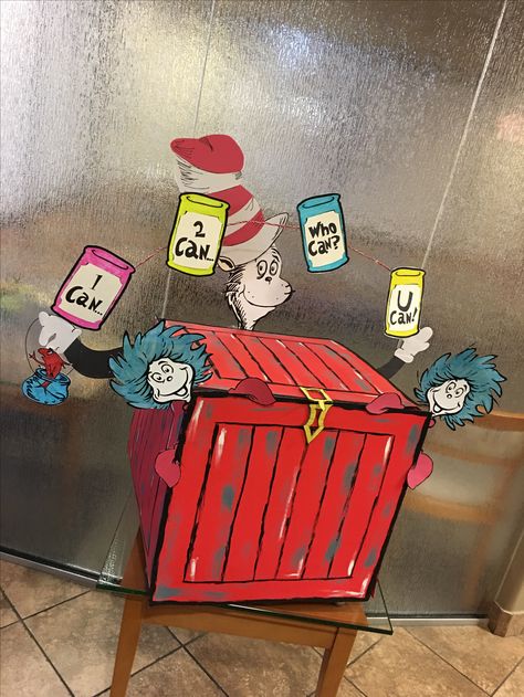 Dr. Suess food drive box, had an awesome time doing this!! Good Drive Box Ideas, Food Bank Donation Box Ideas, Food Drive Display Ideas, Turkey Box Food Drive, Pet Donation Box Ideas, Can Drive Box Ideas, Food Drive Box Decoration Ideas, Unique Fundraising Ideas For School, Back To School Donation Box Ideas