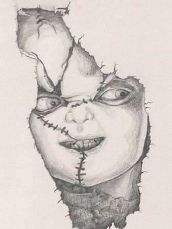 Chuky Doll Drawing, Drawings Of Chucky, Movie Character Drawings Pencil, Chucky Drawing Tattoo, Horror Movie Drawing Ideas, How To Draw Chucky, Horror Movie Drawings Pencil, Sinister Drawings, Chucky Drawing Pencil